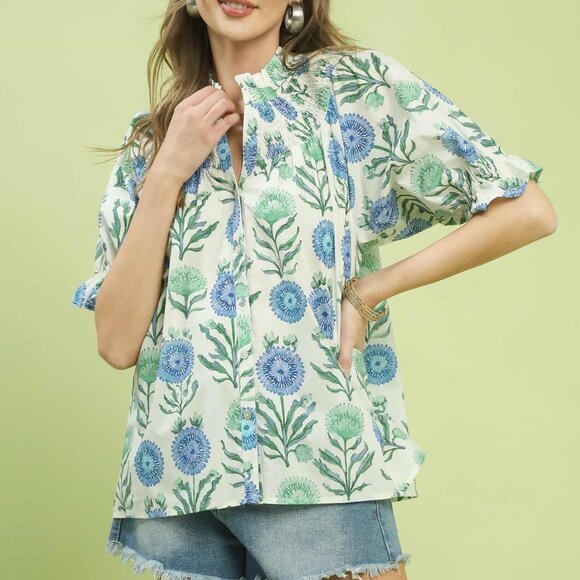 Umgee Tops - Umgee Floral‎ Button-Front Short Sleeve Top